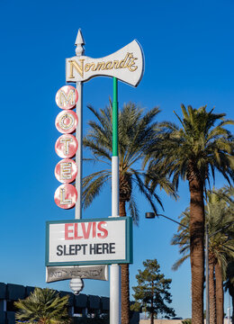 Las Vegas, United States - November 22, 2022: A picture of the iconic Elvis Slept Here sign, advertised by the old Normandie Motel.