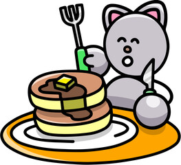 パンケーキを食べるにゃんまるのイラスト　猫