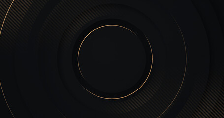 Amazing dark abstract luxury background with circles. Diagonal golden lines on black grey gradient. 3d round ring minimal BG. Premium minimal animated banner. Modern sale friday frame. Wedding logo 3d