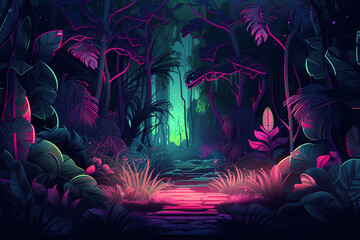 neon forest scenery wallpaper with vivid lights, created with generative ai