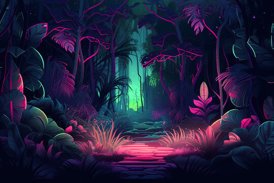 neon forest scenery wallpaper with vivid lights, created with generative ai