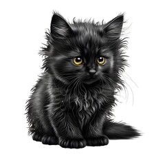 Fluffy black cat with green eyes and white background, fluffy black kitten, portrait, close up, sitting and looking straight ahead, Chantilly Tiffany cat, Japanese American Bobtail, Persian, Bombay