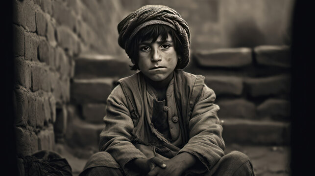 Monochrome photo of a lonely war child (Generative AI)