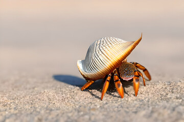 AI generated image of a hermit crab walking under the shell on the beach