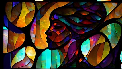 Stylized image of a female face, abstract illustration. Expressive female portrait. Interplay of digital paint strokes related to creative energy in life and art. Created with generative AI tools