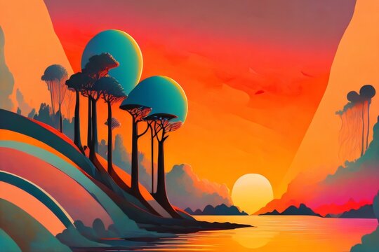 Vistas of Color. Visually pleasing composition of surreal sunset sunrise colors and textures for subject of landscape painting, imagination, creativity and art. Created with generative AI tools