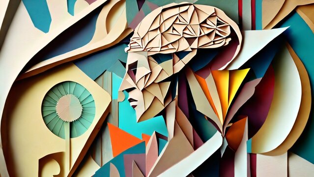Multicolored abstract image of a human head. Emergence of the Mind. Background with human head on the subject of general artificial intelligence and modern technology. Created with generative AI tools