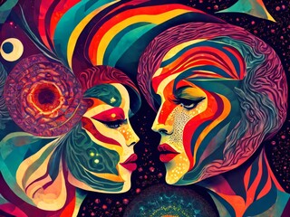 Naklejka premium The abstract faces of people looking at each other. Male and female heads looking with colorful patterns of the Universe on the subject of internal reality, unity of life. Created with generative AI
