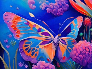 Colorful butterflies. Artistic abstraction of surreal natural forms, textures and colors on the subject of art, imagination and dreaming. Created with generative AI tools.