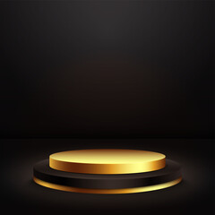 Luxurious black and gold cylindrical podium with a dark empty room. Room with a minimal stage.