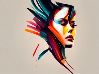 Stylized image of a female face, abstract illustration. Expressive female portrait. Interplay of digital paint strokes related to creative energy in life and art. Created with generative AI tools