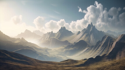 3D Rendered Abstract Panoramic Background Featuring Majestic Rocky Mountains: A Breathtaking Terrain Wallpaper for Your Desktop or Mobile Device. generative ai.