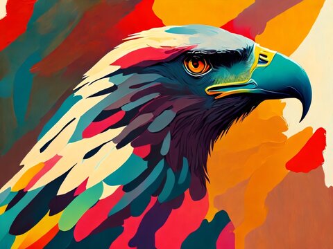 Multicolored close-up image of an eagle's head. Animal Paint. Eagle portrait in multicolor paint on subject of imagination, creativity and abstract art. Created with generative AI tools.