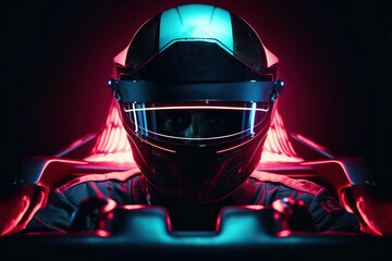 A f1 futuristic concept helmet with leds a neons in a city at night with cyberpunk style. Concept: The future of the F1 drivers. Generative ai