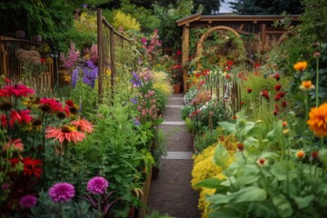 Fototapeta na wymiar Bunter Garten mit Blumen und Gemüse im Frühling