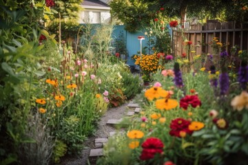Fototapeta na wymiar Bunter Garten mit Blumen und Gemüse im Frühling