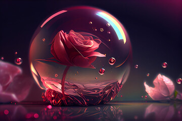 Illustration of a flower inside a glass ball in epic style. Dark background in shades of purple. ai generative.