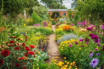 Bunter Garten mit Blumen und Gem&uuml;se im Fr&uuml;hling