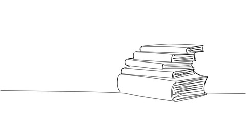 Stack of books, textbooks, magazines one line art. Continuous line drawing of book, library, education, school, study, literature, paper, textbook, knowledge, read, learn, page, reading.