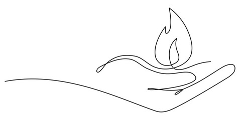 Human hand holding burning fire flame continuous line drawing art. Vector illustration isolated on white.