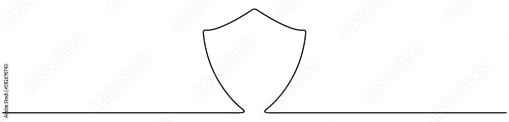 Poster shield badge continuous one line art. guard drawing sign. protect linear symbol. vector isolated on 