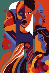 Hand Drawn illustration depicting a group of diverse women in abstract shapes and bold colors for Womens day greeting 