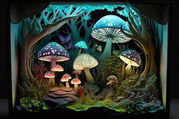 Escape to a world of wonder and magic. glowing mushrooms intricate details and rich colors, this artwork will transport you to a world of imagination and wonder. fantasy world, Ai