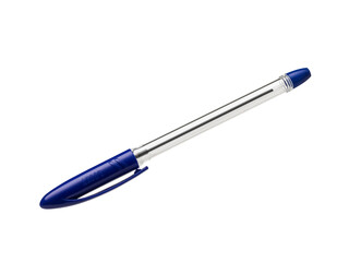 Classic blue ballpoint pen in a transparent case with a closed plastic cap on a white background.Side view.