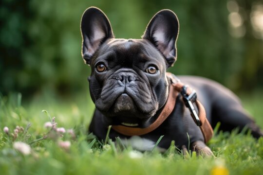 The French bulldog is lying down on the grass to let his owner to photograph him. Generative AI