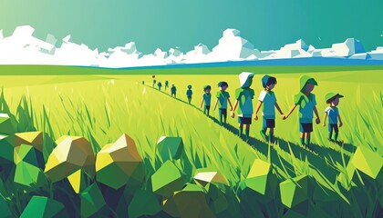 Low Poly grass field with people