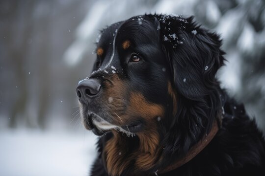 In the snow, there is a black dog. Winter. Generative AI
