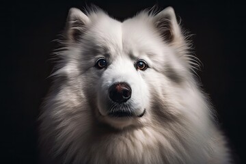Fototapeta premium Portrait of a lovely Samoyed dog with white fur in close up. Generative AI