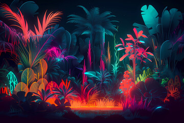 Fototapeta na wymiar luminescent neon jungle wallpaper, created with generative ai