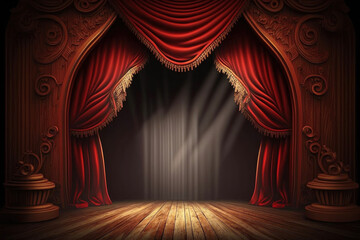 Fototapeta premium Mockup theater scene with red curtains for your presentation. Created with Generative AI technology.