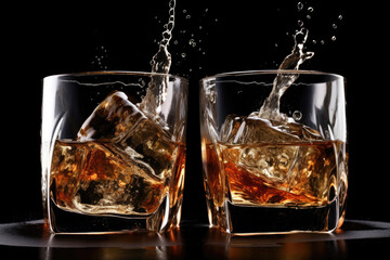 Splash of whiskey with ice cubes. Created with Generative AI technology.