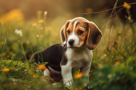 Outside, a cute beagle puppy plays. Generative AI