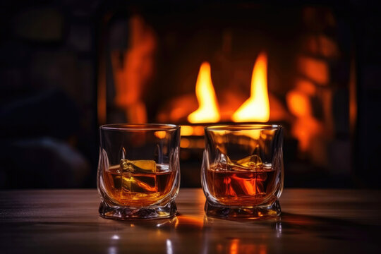 Cozy atmospehere with two whiskey glasses against the fireplace. Created with Generative AI technology.