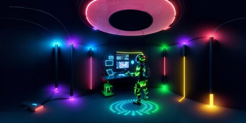 Photo of a person standing in a room illuminated by vibrant neon lights