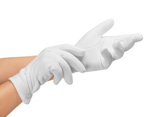 Men's hands are straightening, pulling on white cloth gloves for the waiter with their fingers. Close-up. Photo.