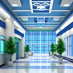 Medical Reception, hospital long corridor, reception lobby, bright hall