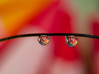 a blurry spot from colored water droplets on the glass