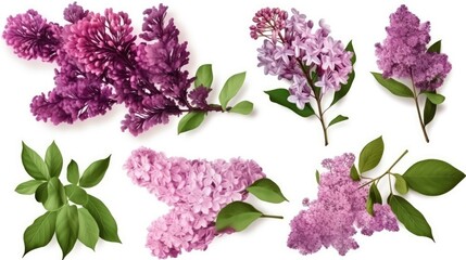 Pink purple lilac flower branches, inflorescences, buds, green leaves isolated on white background. With clipping path. Floral set, generative ai
