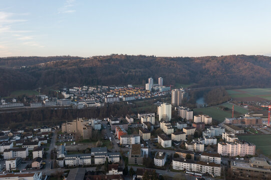 Beautiful view of the sunny slope of Obersiggenthal in the canton of Aargau in Switzerland during a beautiful sunrise.