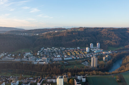 Beautiful view of the sunny slope of Obersiggenthal in the canton of Aargau in Switzerland during a beautiful sunrise.