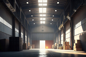 Empty warehouse storage hall as digital illustration (Generative AI)