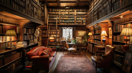 Old library room interior with many books in shelves and sofa (Generative AI) - obrazy, fototapety, plakaty