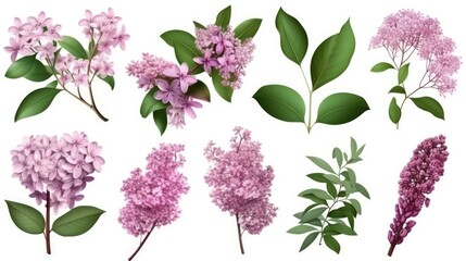 Pink purple lilac flower branches, inflorescences, buds, green leaves isolated on white background. With clipping path. Floral set, generative ai