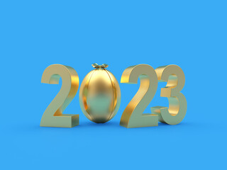 Golden number 2023 with an easter egg on a blue background. 3D illustration