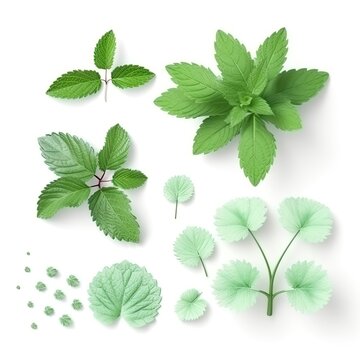 Mint leaf mockup. Fresh flying green mint leaves, lemon balm, melissa, peppermint isolated on white background. generative ai