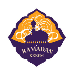 Ramadan Kareem in line art style with popular iconic symbol using in design; cresent, lantern, mosque. Vector isolated outine drawing. Simple and minimal design 